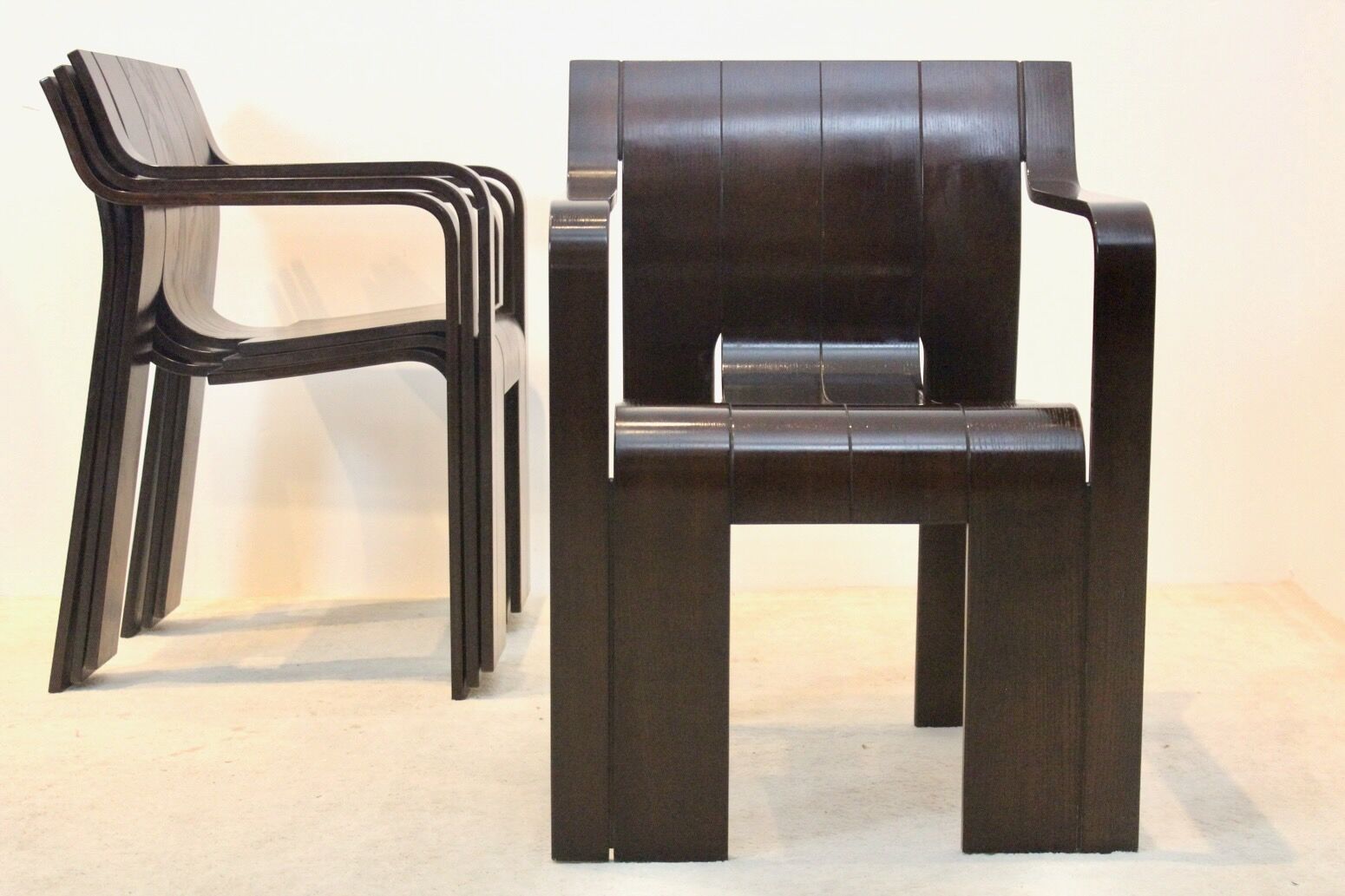 Set of four Strip dining chairs with dark brown ash armrests by Gijs Bakker for Castelijn