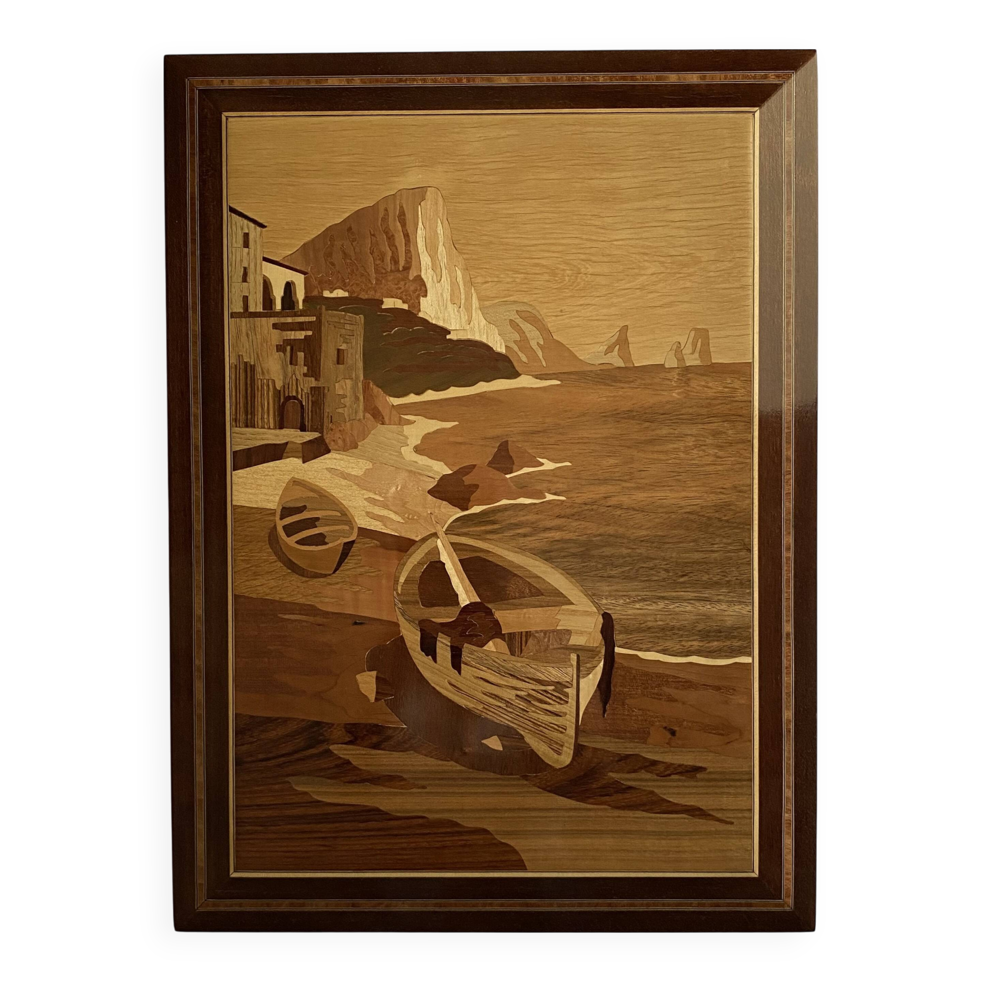 Table 45x60, Restored, Seascape, Wood marquetry