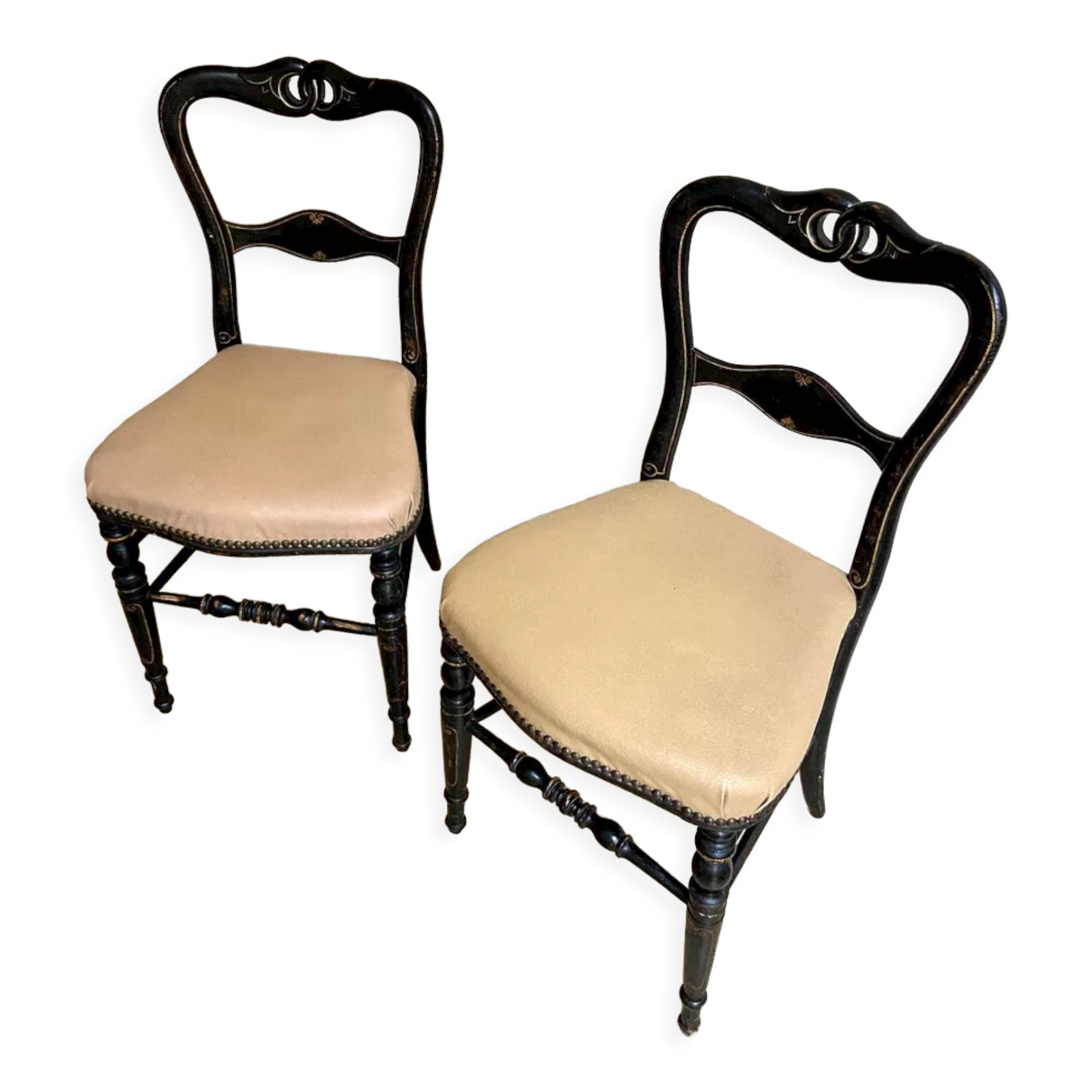 Napoleon III chair in black wood and beige skaï
