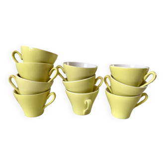 set of 10 coffee cups Digoin Sarreguemines pastel yellow color 50s