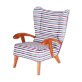 Completely restored czech midcentury blue armchair, 1950s. beech