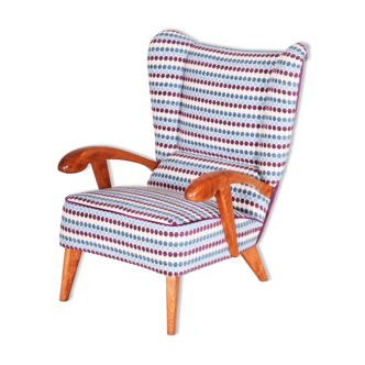 Completely restored czech midcentury blue armchair, 1950s. beech