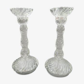 Pair of bamboo candlesticks in molded crystal