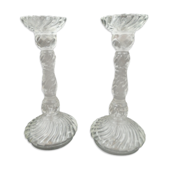 Paire de bougeoirs modèle bambou en cristal moulé