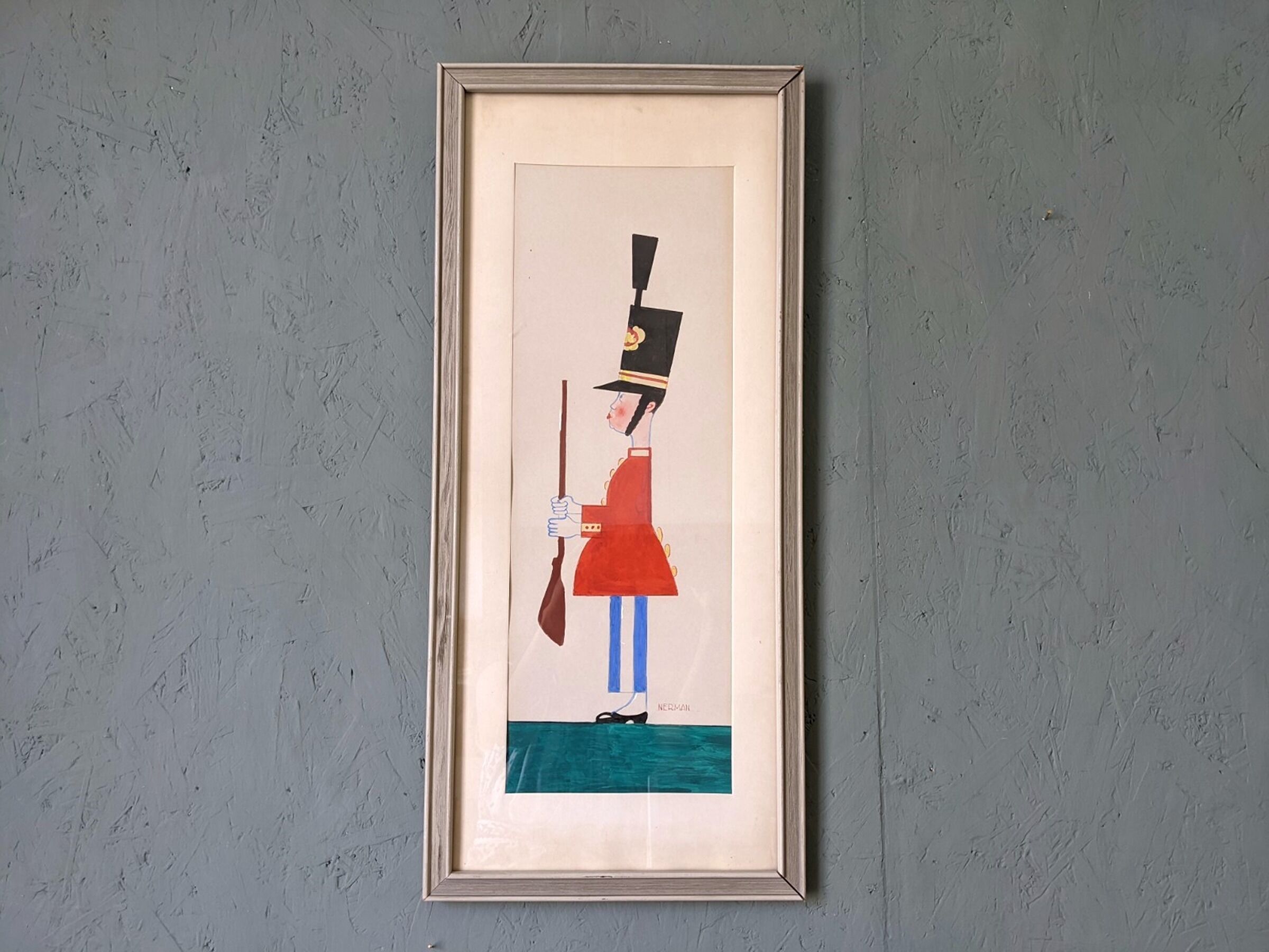 Mid-century modern swedish "The royal guard" vintage figurative watercolor & gouache painting