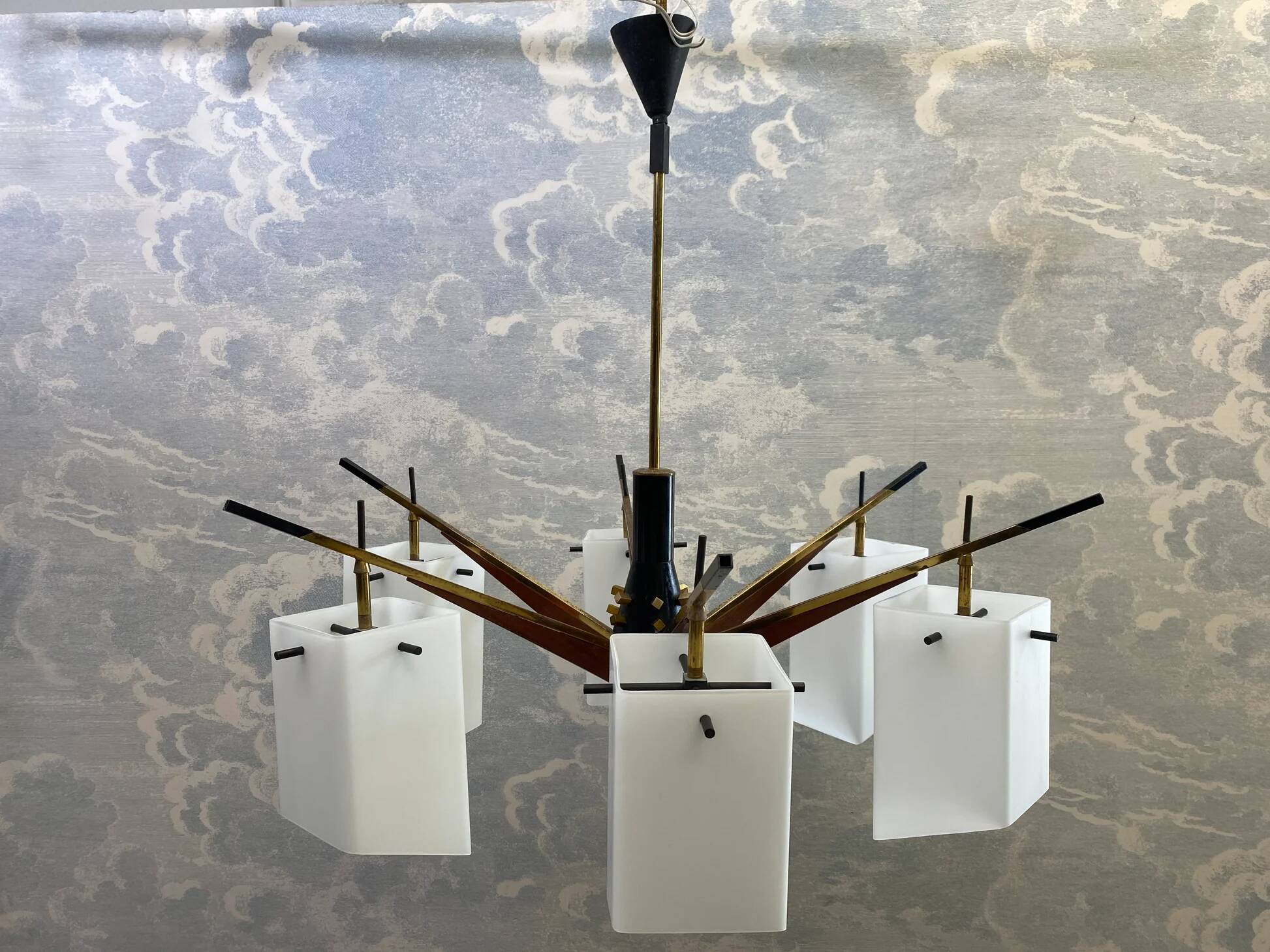 Six-armed chandelier with frosted glass lampshade, Stilux, Italy, 1960s.