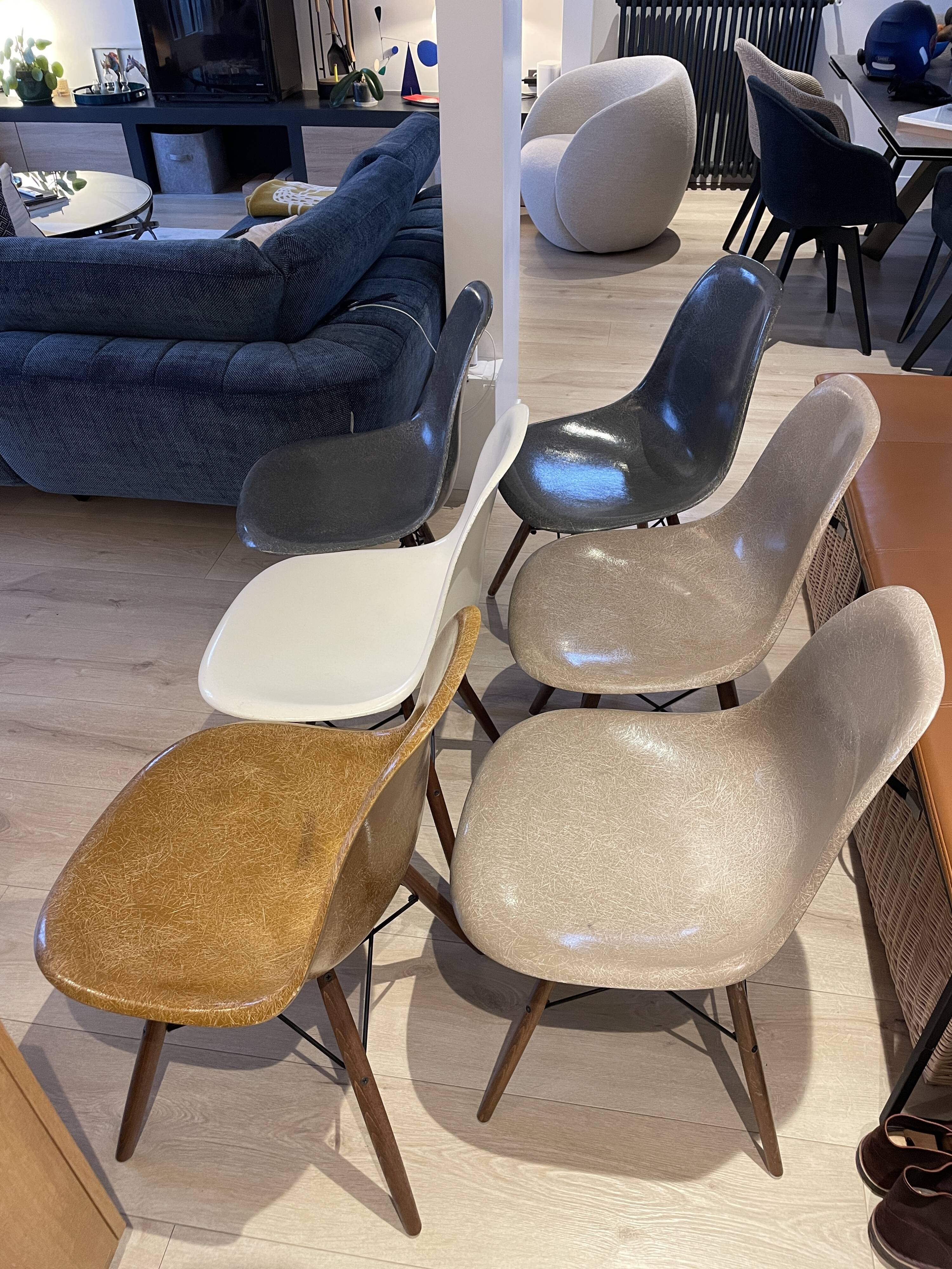 Lot of 6 Eames chairs from the 60s (4 colours) genuine fibreglass + new legs.