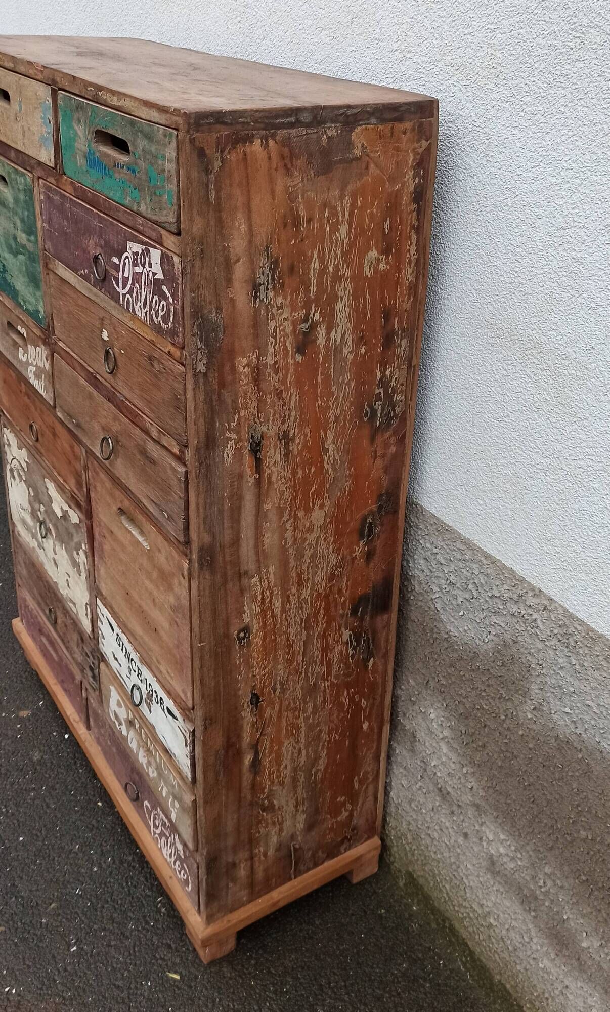Original wooden chest of drawers with 15 mismatched drawers