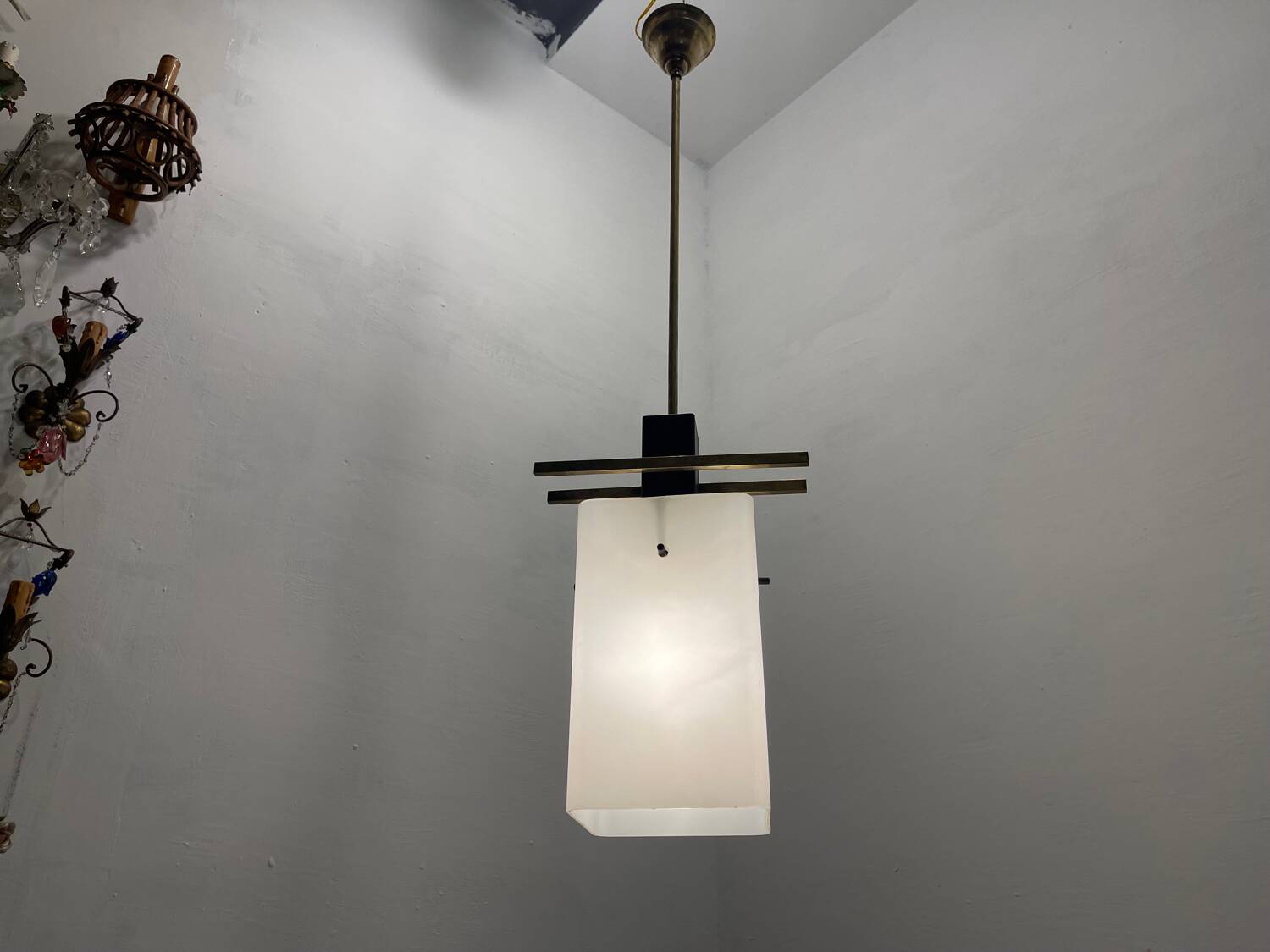 Opaline Glass Brass Light Pendant 1950’s