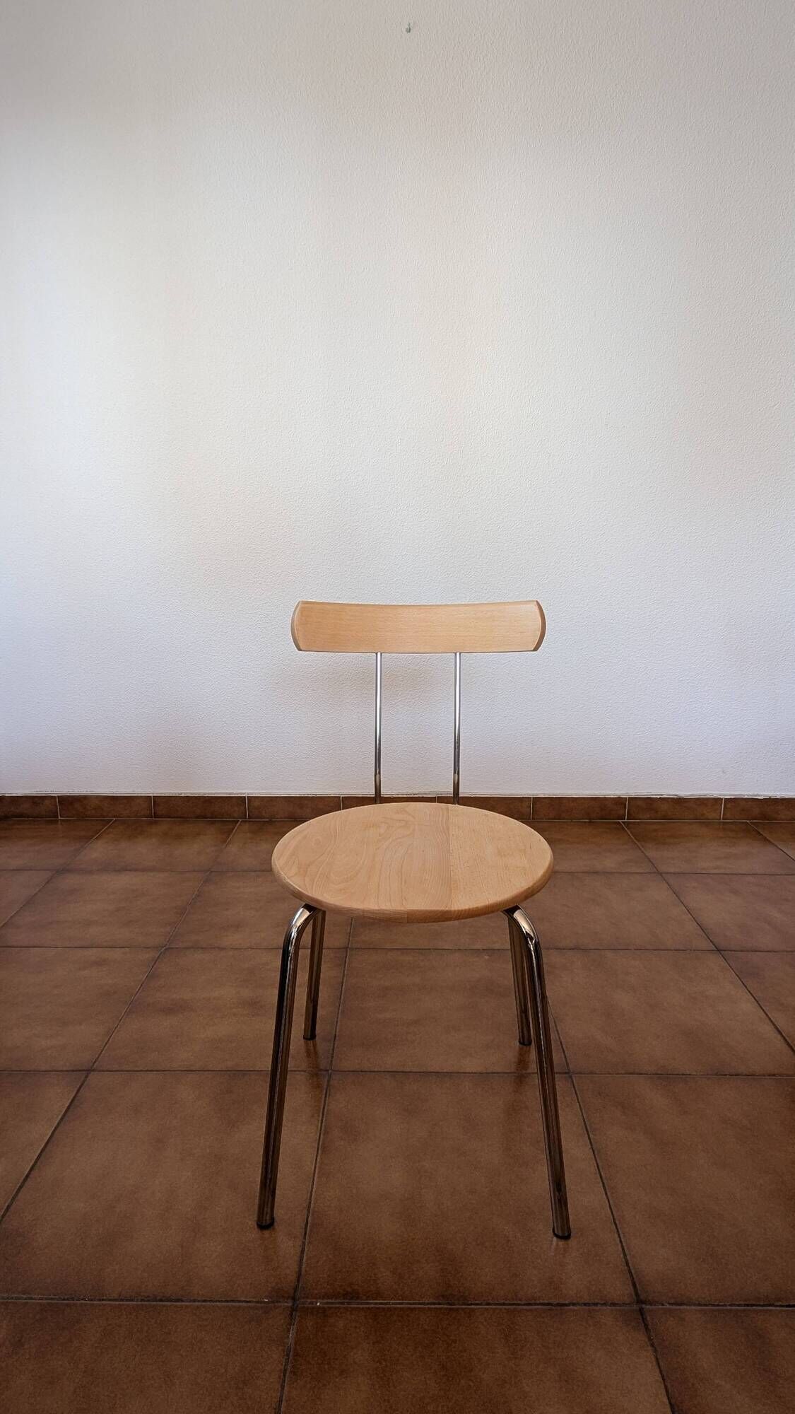Set of 4 vintage/restored 70s/80s wooden and chrome bistro chairs.
