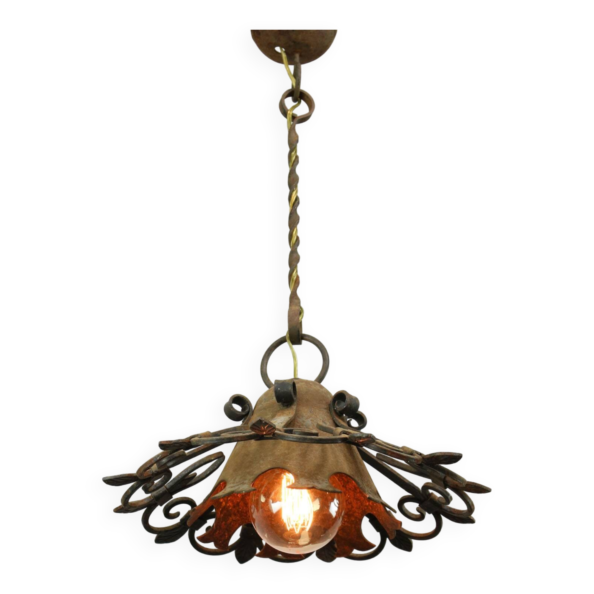 Vintage Wrought Iron Intricate Pendant Lamp, 1930s