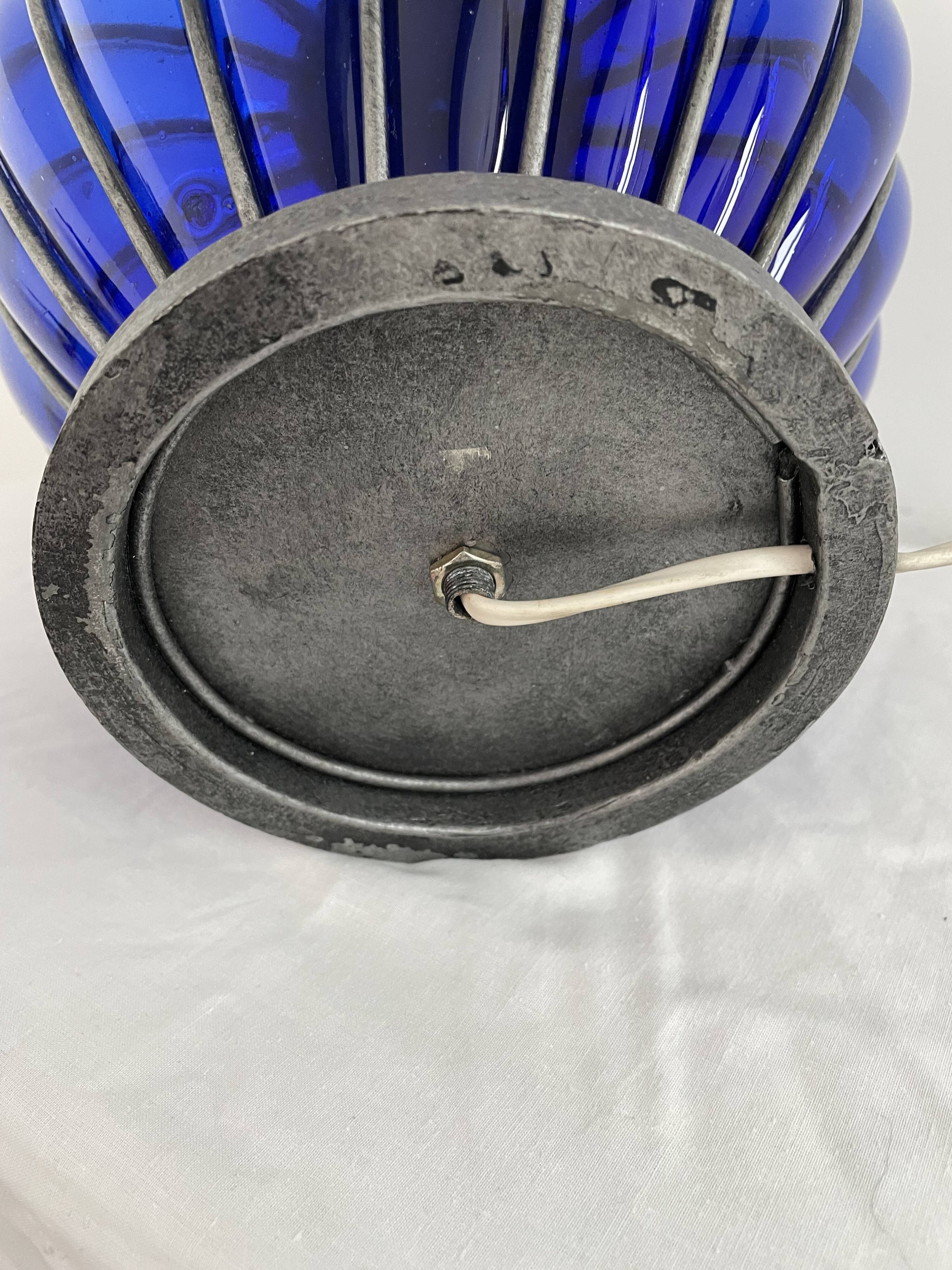 Vintage, blown glass lamp base, cobalt blue, silver metal frame, designer lamp, chic