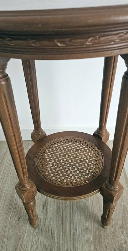 Antique marquetry side table in wood and cane.