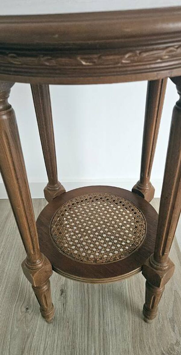 Guéridon ancien marqueté en bois et cannage