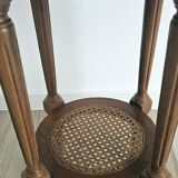 Antique marquetry side table in wood and cane.