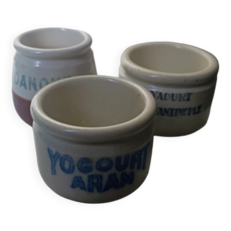 3 antique stoneware yogurt pots