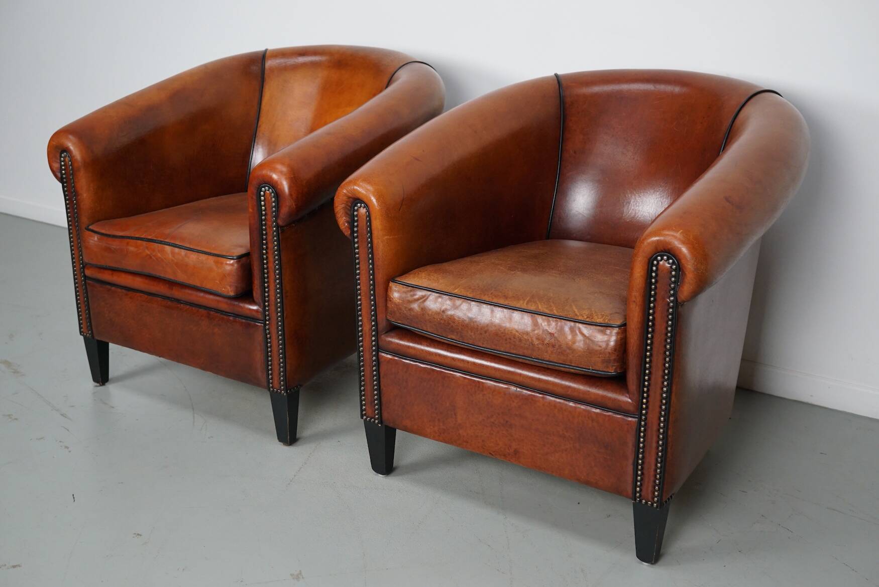 Vintage Dutch Cognac Colored Leather Club Chair, Set of 2