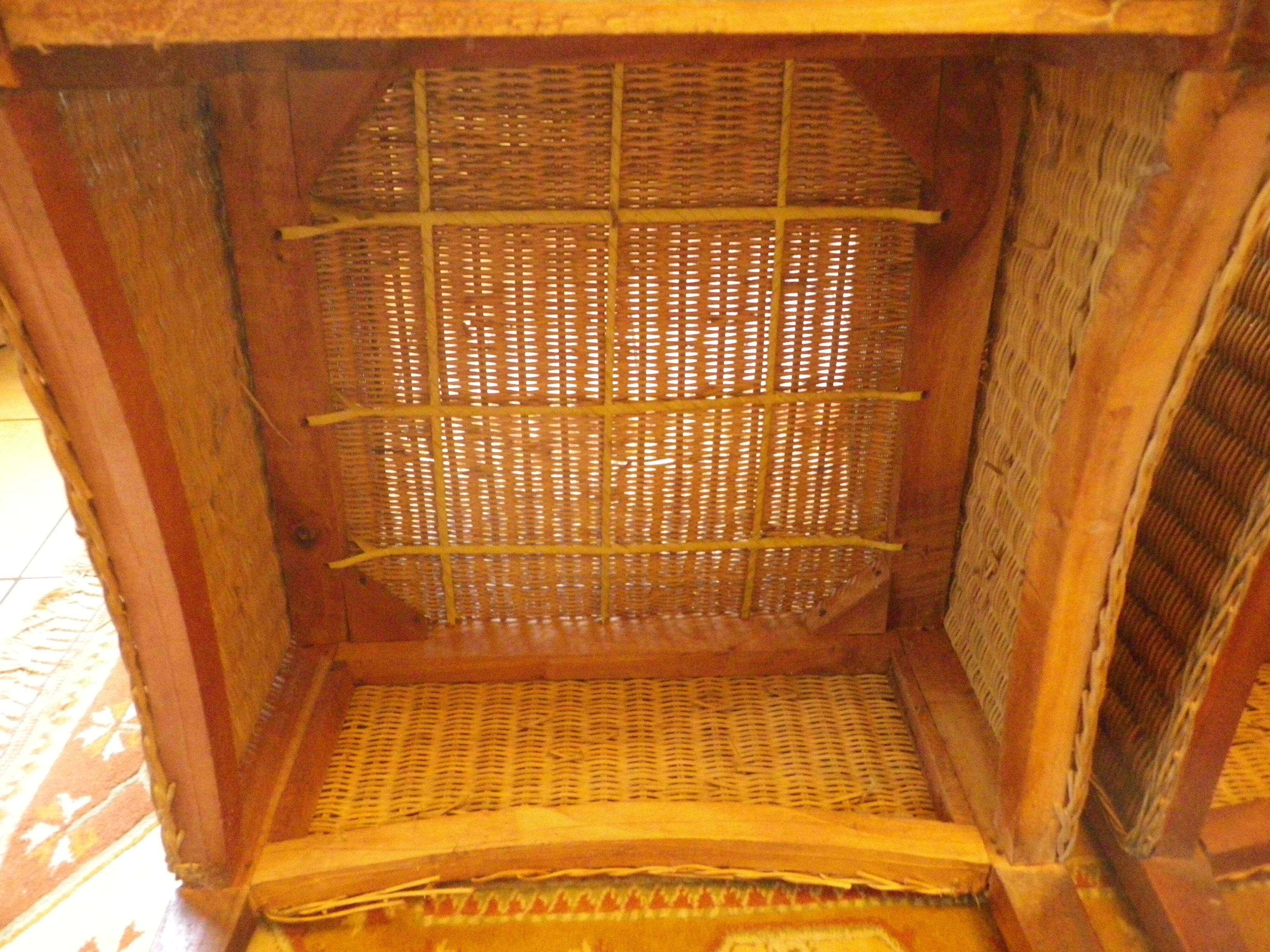 Pair of Club armchairs in ocean liner style, woven rattan and solid wood.