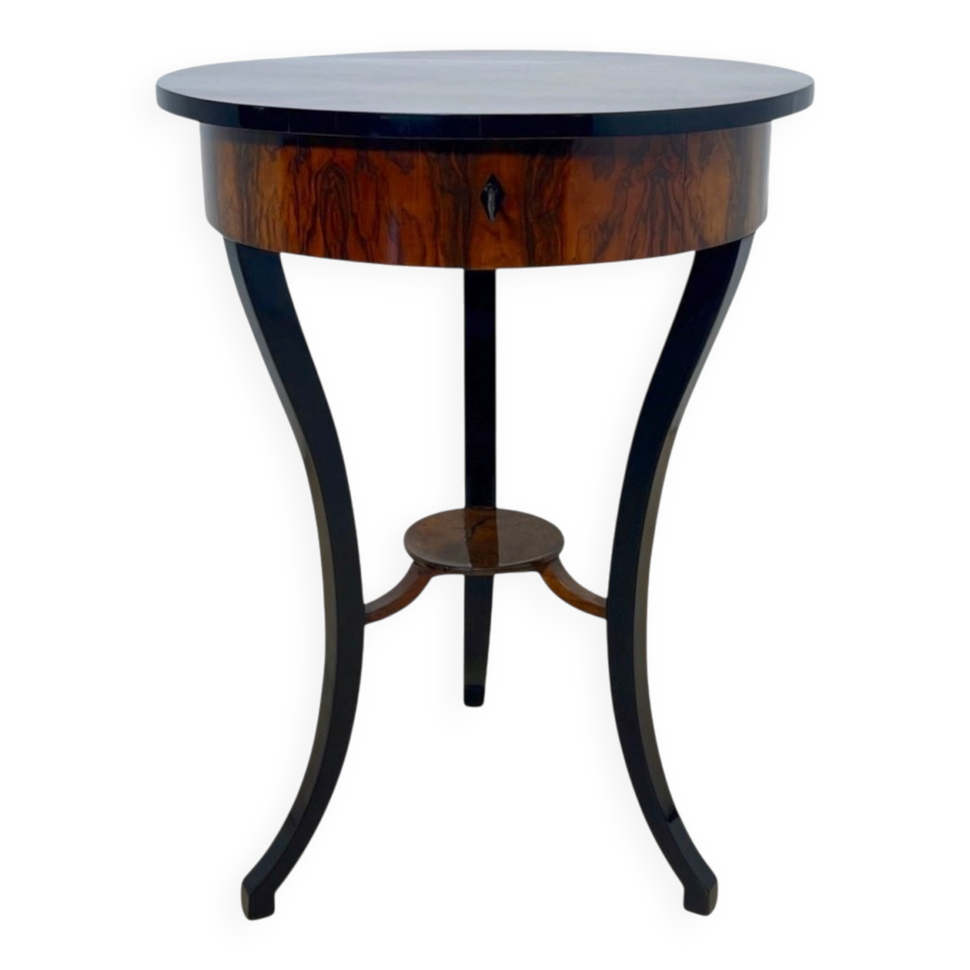 Round Biedermeier Sewing Table in Walnut with Ebonized Legs, South Germany, 1825