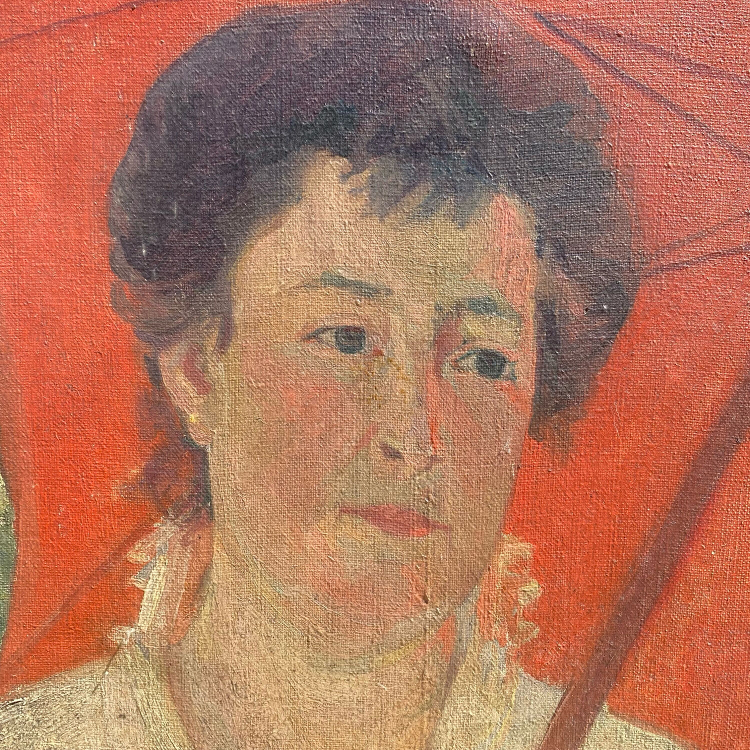 Large old portrait with a parasol, oil on canvas signed, 1917