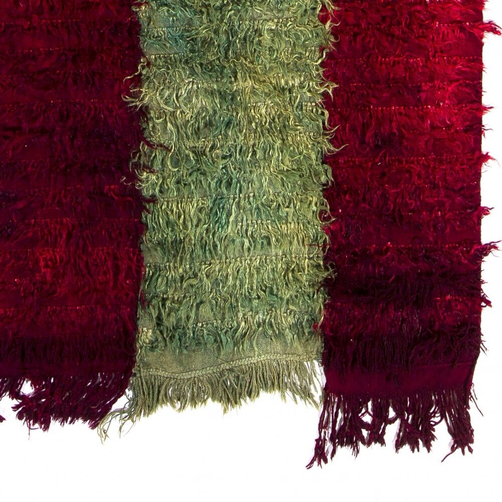 Vintage Filikli Tulu Runner Rug in Red and Green Mohair Angora Wool