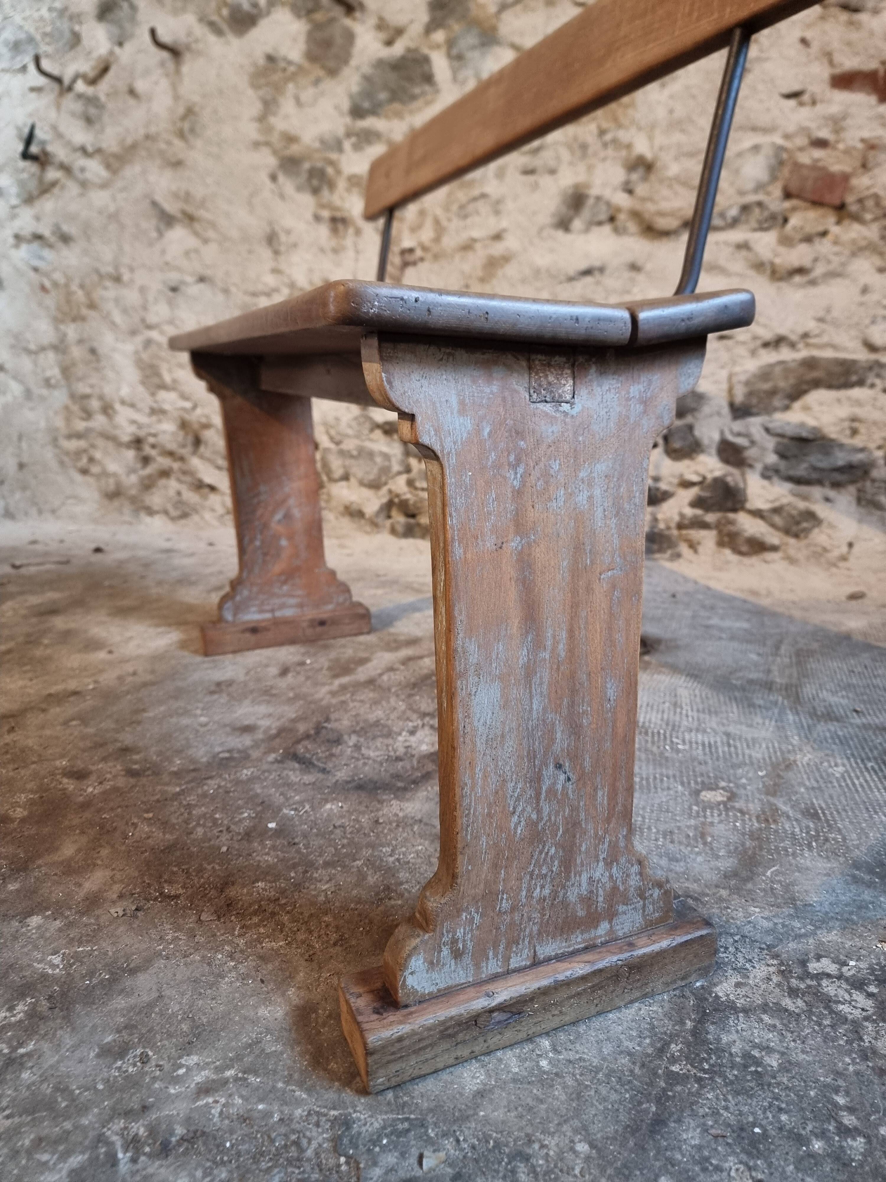 Banc en bois français vintage des années 1920 – Banc en hêtre massif avec dossier