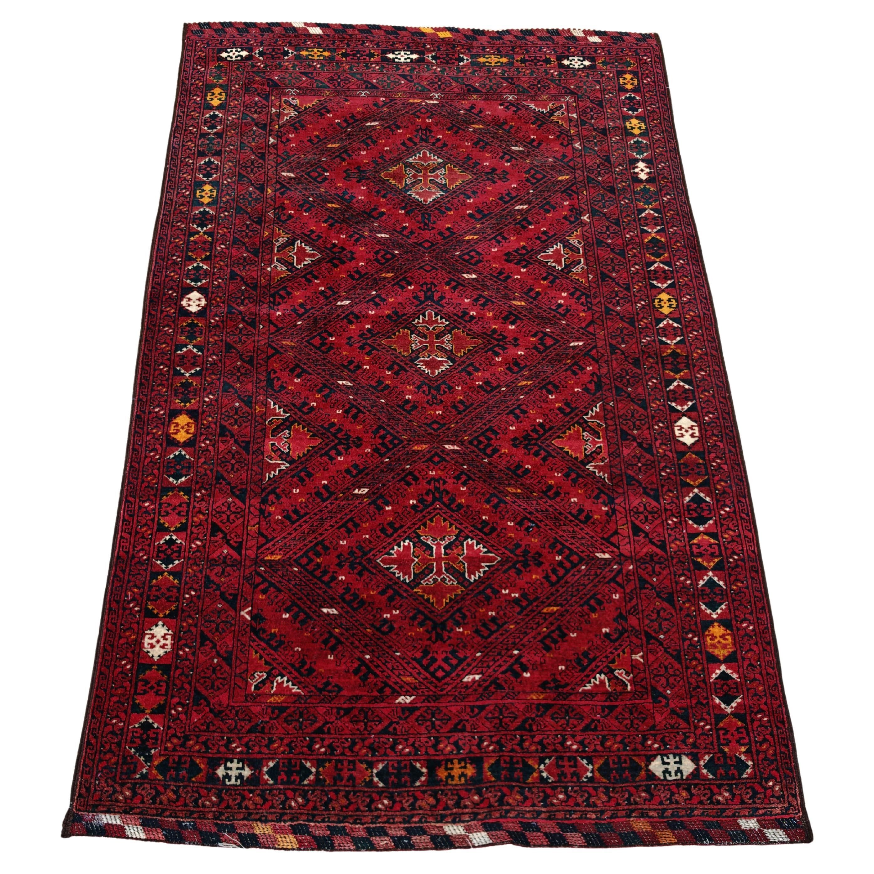 Vintage hand-knotted Kunduz rug, natural dyes, 1940s.