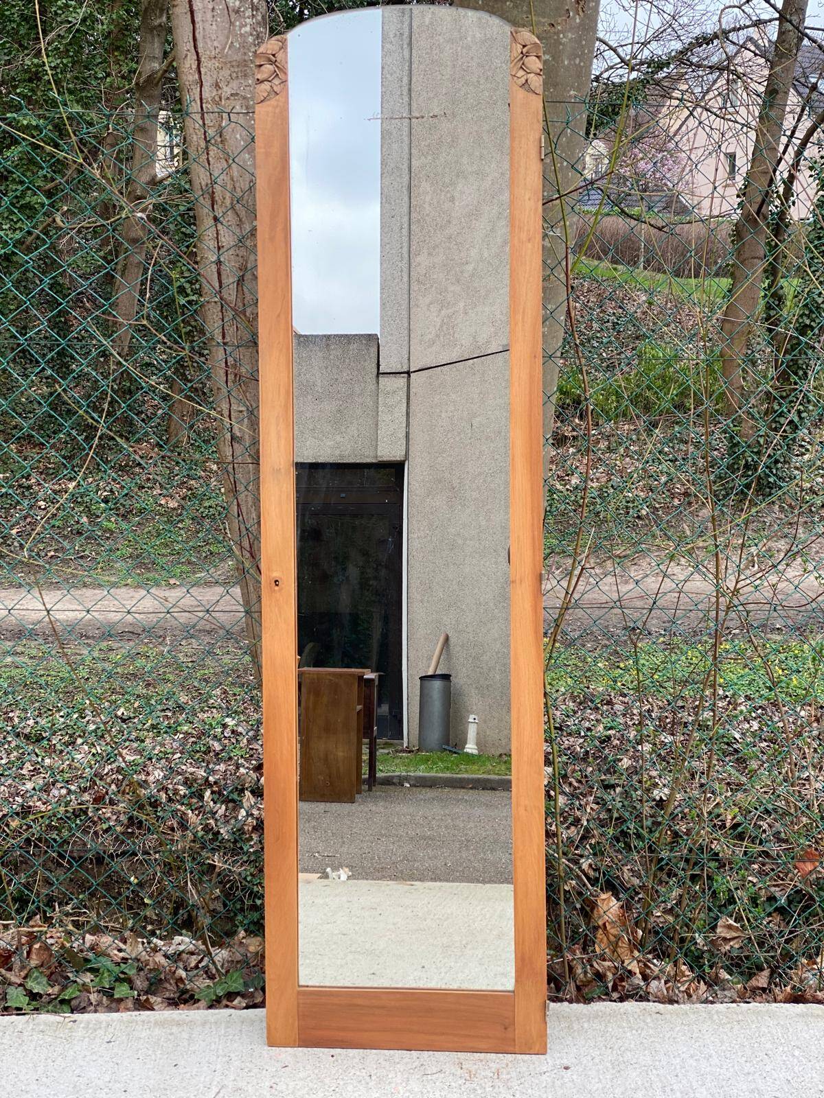 Art Deco mirror on a carved arched base, renovated in raw oak, 186cm