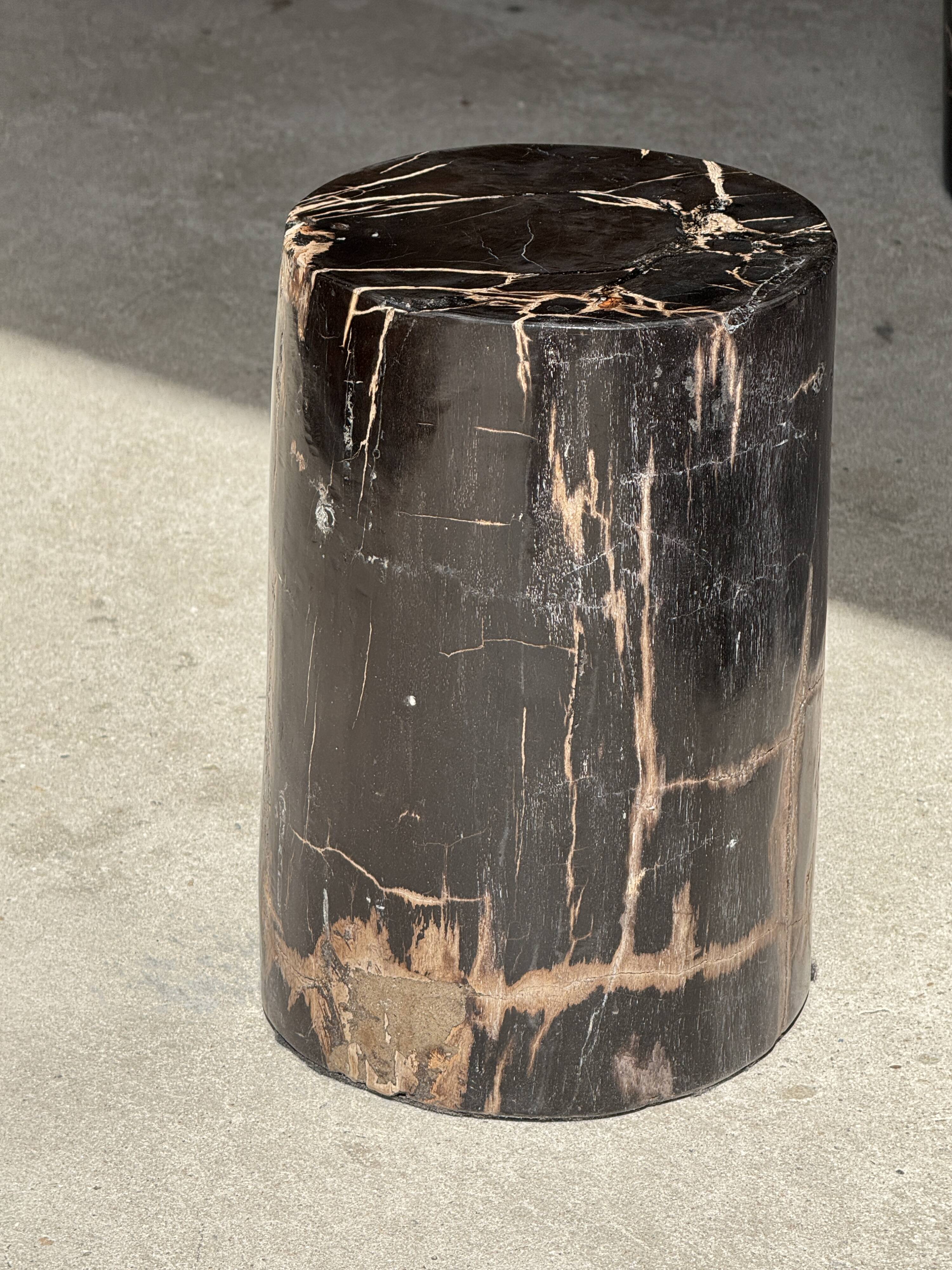 Small black petrified wood side table with beige stripes H28 D18 - 3347