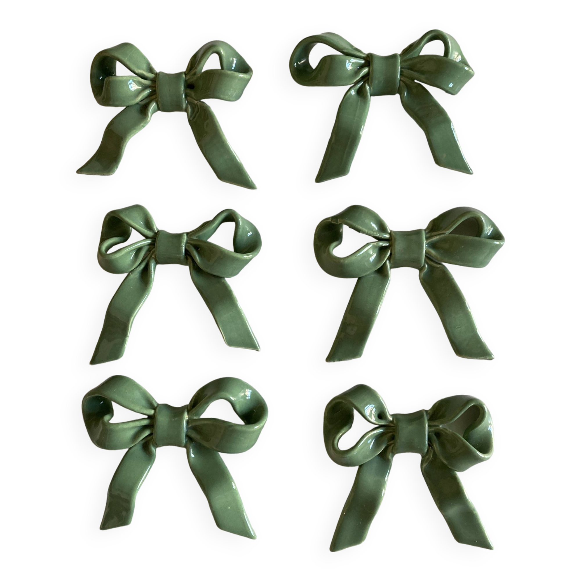 Set of 6 ribbon knife holders in green glazed earthenware 1980