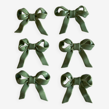 Set of 6 ribbon knife holders in green glazed earthenware 1980