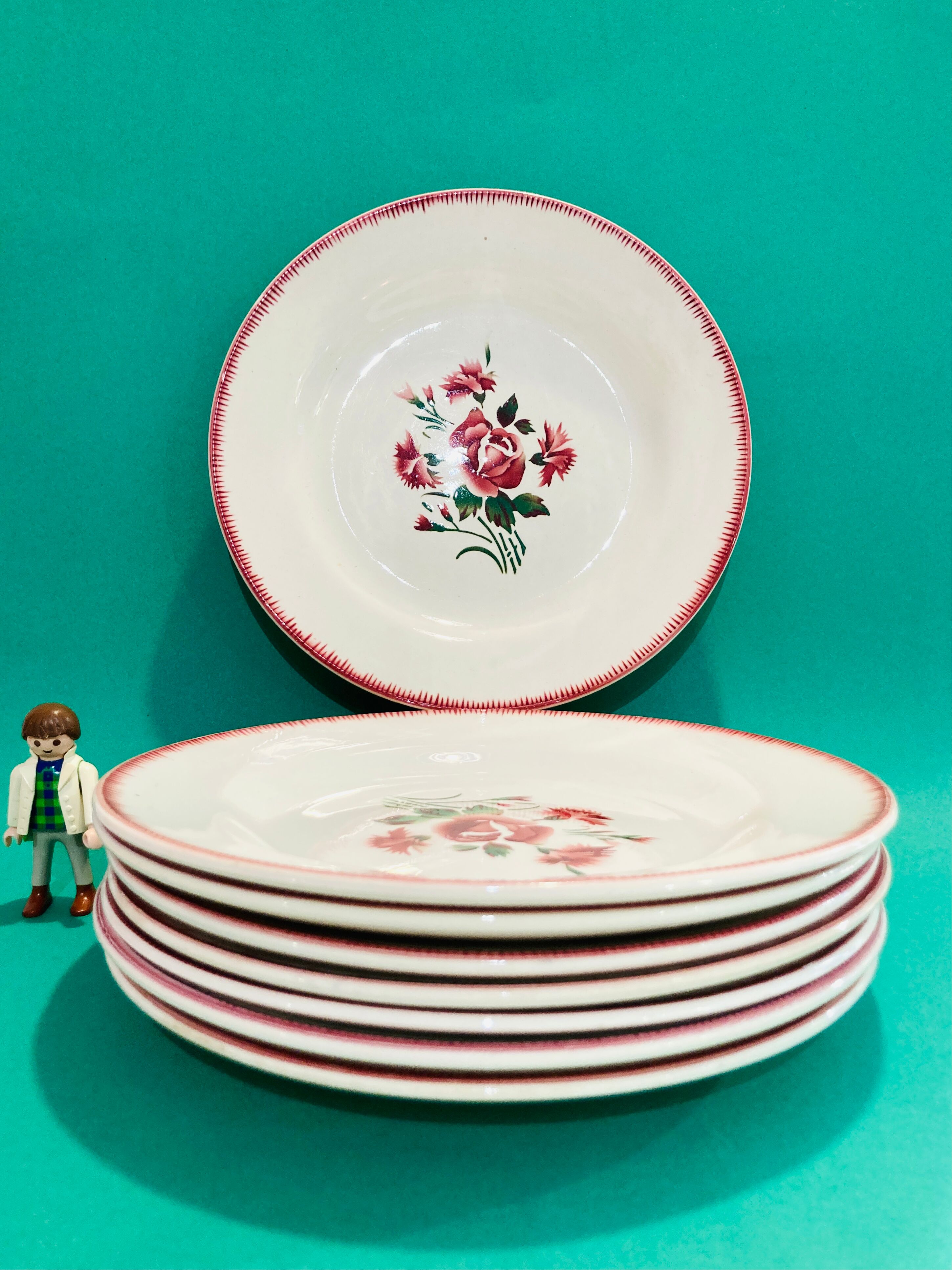 8 plates faience bordeaux-collection bouquet fleuri - digoin sarreguemines -retro-cuisine-vintage