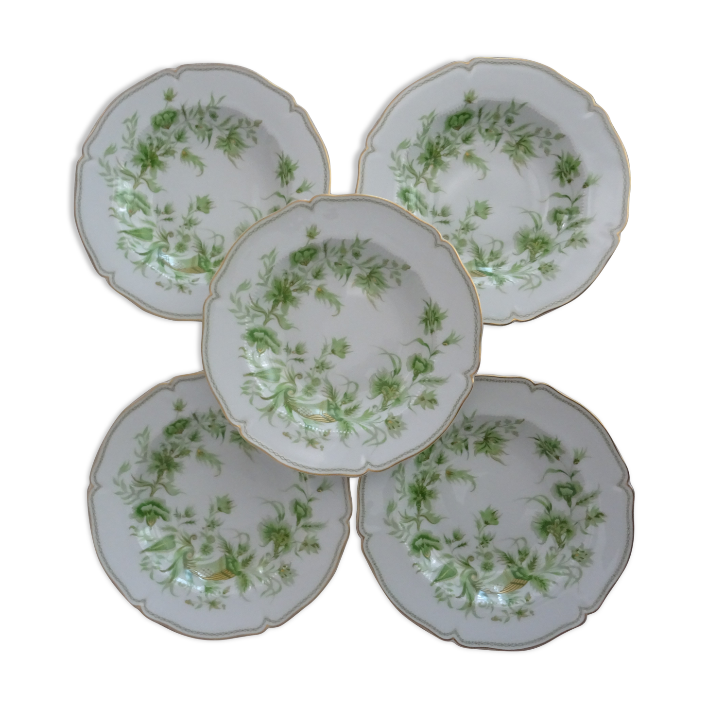 5 Plates Haviland Limoges decoration With green and gold horn