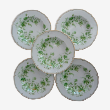 5 assiettes Haviland Limoges décor A la corne vert et or