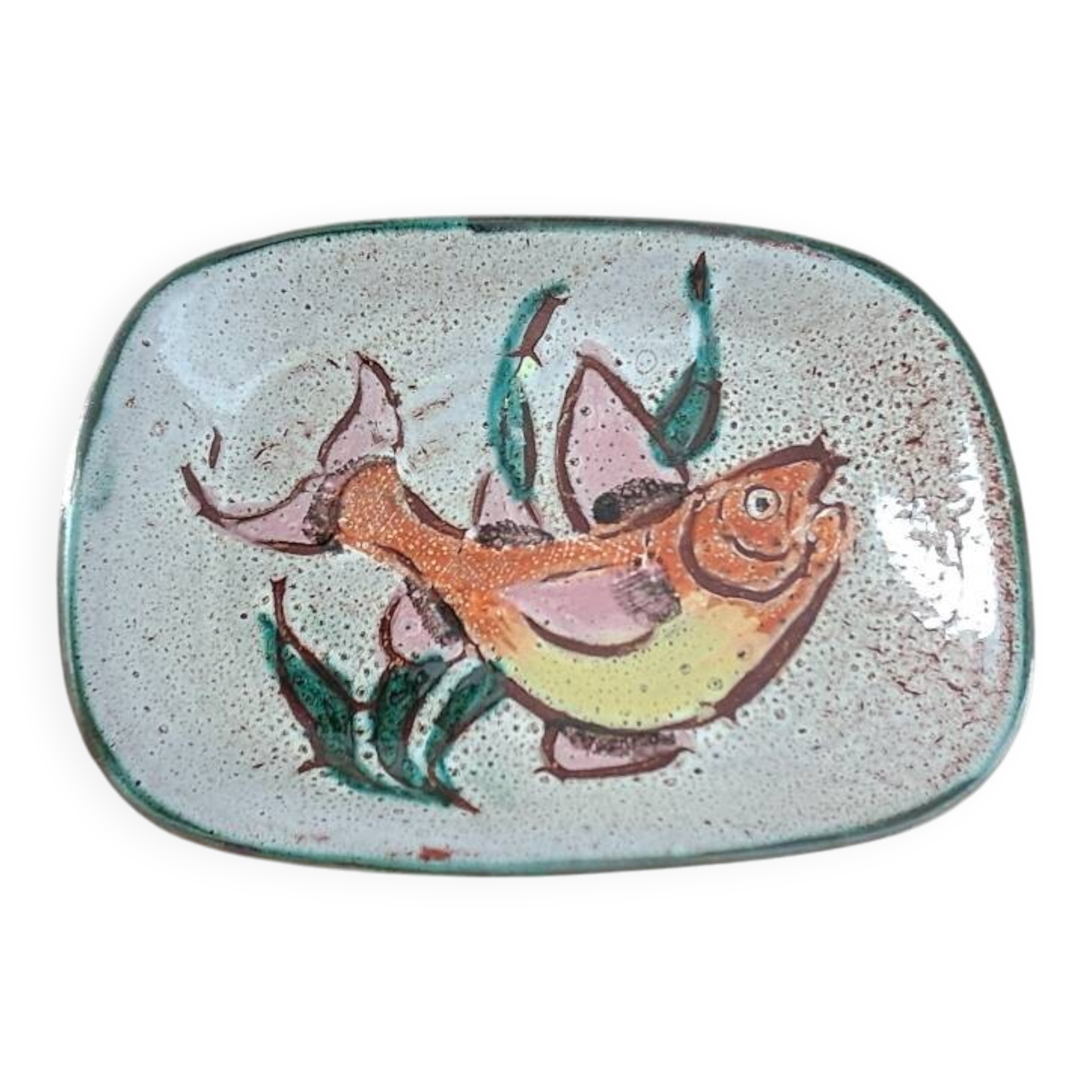 Plat Vallauris, années 60-70. Décor de poisson
