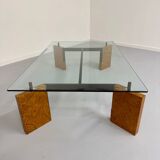 Old coffee table in glass and magnifying glass, French design Paul Michel, year 70