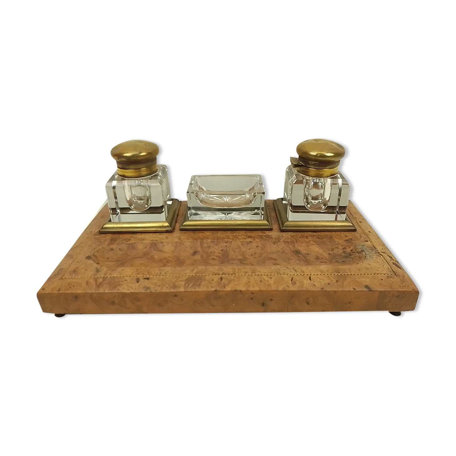 Old wooden office inkwell set and glass and brass accessories