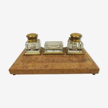Old wooden office inkwell set and glass and brass accessories