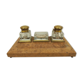 Old wooden office inkwell set and glass and brass accessories