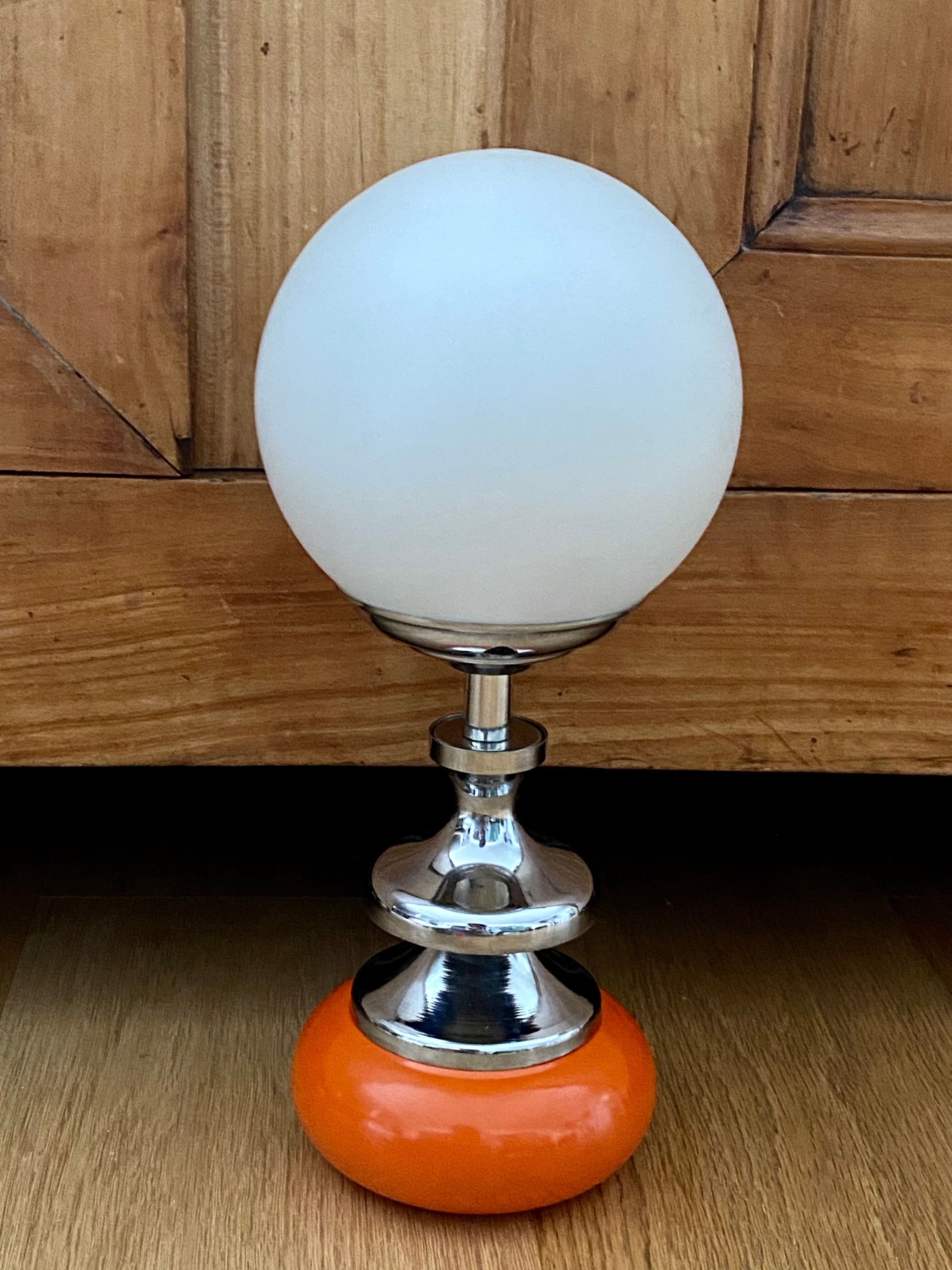 Vintage lamp opaline globe, wood turned orange and chrome 60s 70s