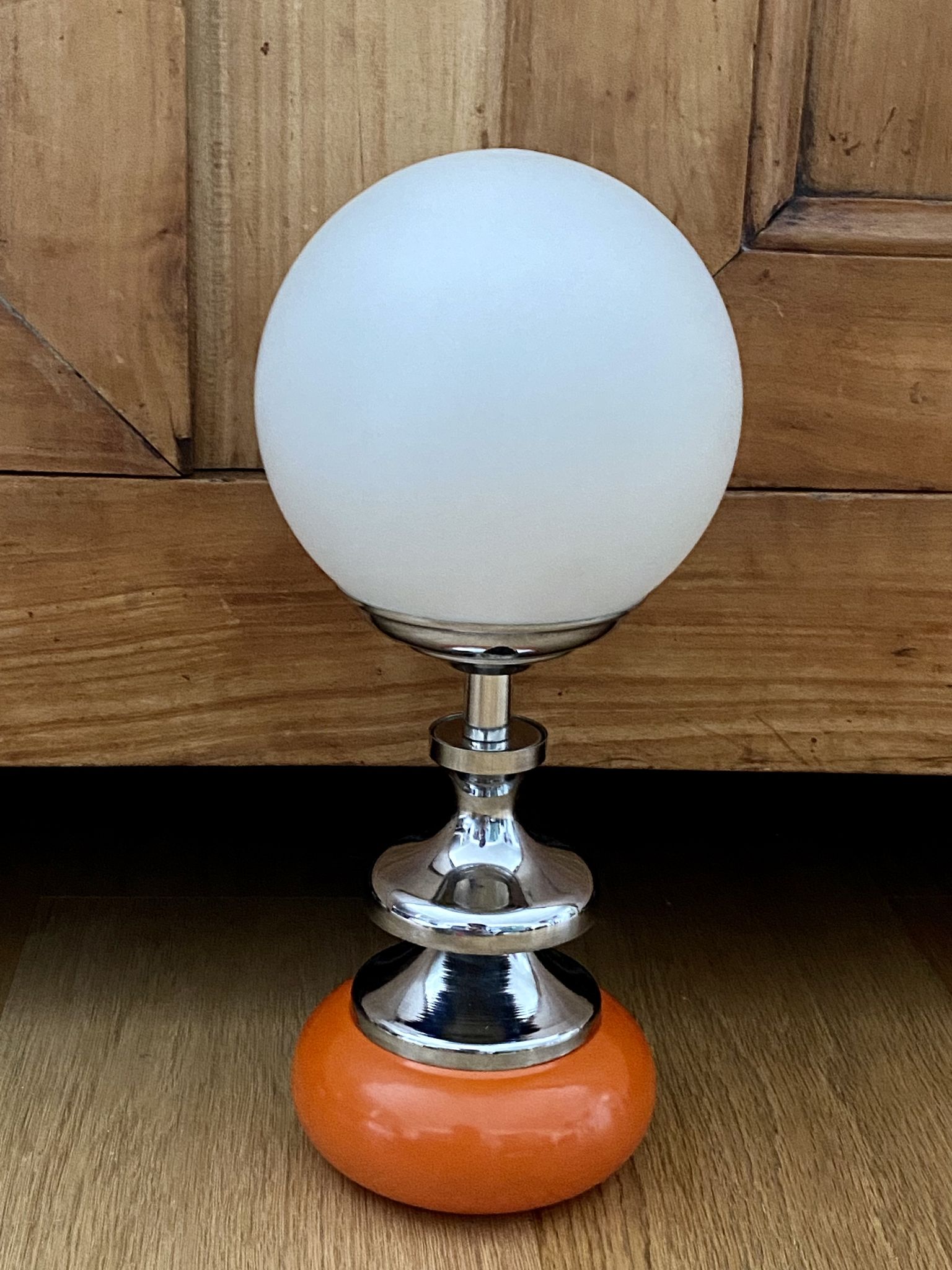 Vintage lamp opaline globe, wood turned orange and chrome 60s 70s