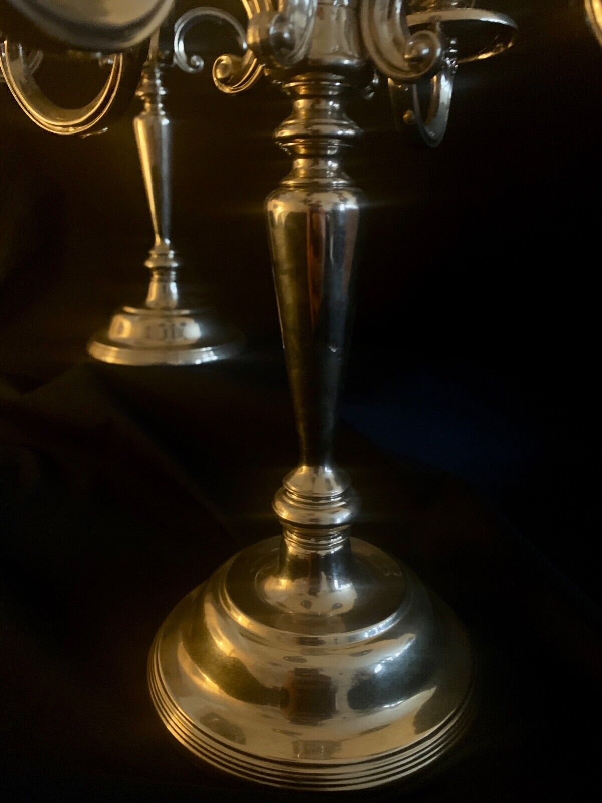 2 candlesticks, candelabras, silver metal, 5 flames, 37 cm