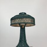 Green Art Deco rattan wicker mushroom "Eiffel" table lamp, 1950s