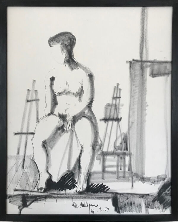 Fusain de Loïc DUBIGEON 1934-2001 Nu à l’atelier