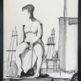 Charcoal drawing by Loïc DUBIGEON 1934-2001. Nude in the studio