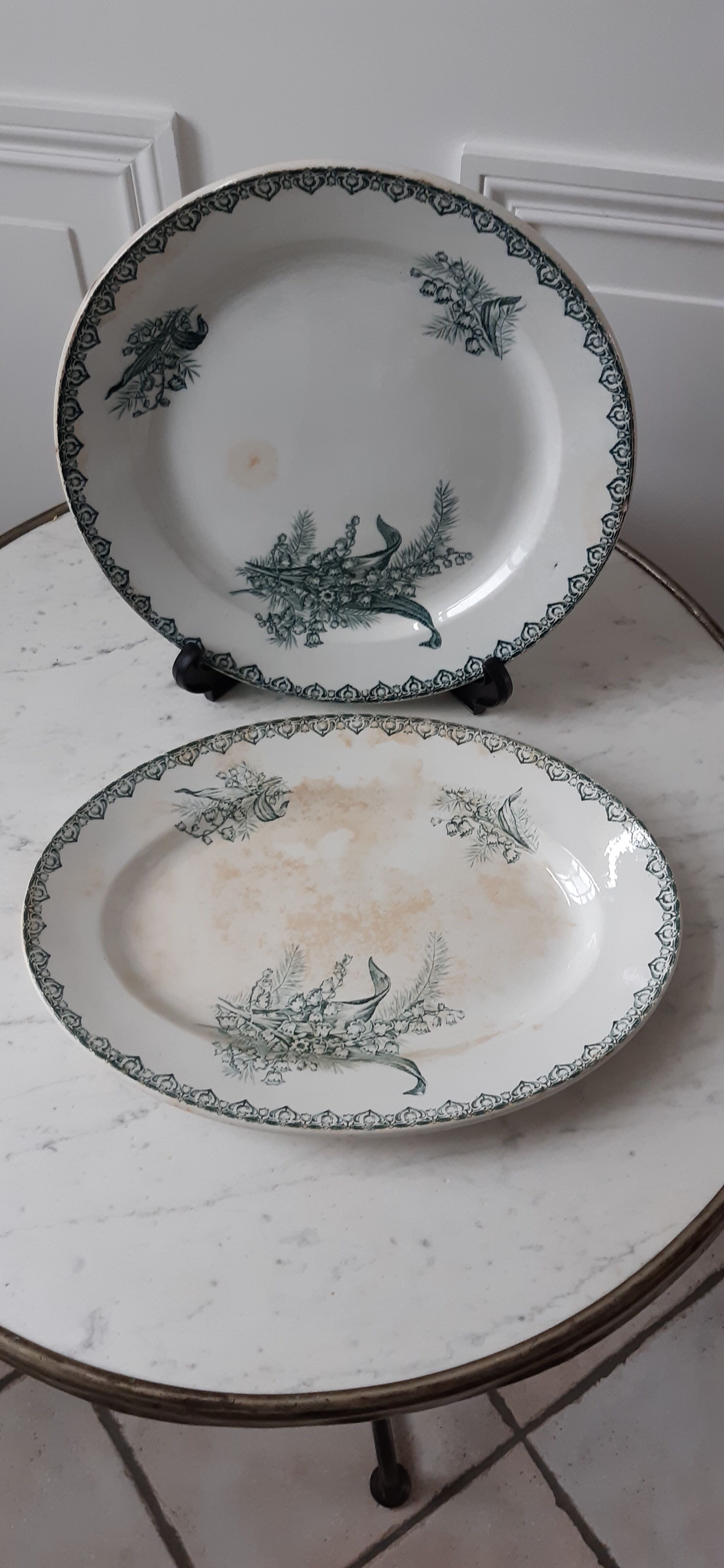 Duo of dishes Saint-Amand Terre de Fer, model Muguet, XIXth