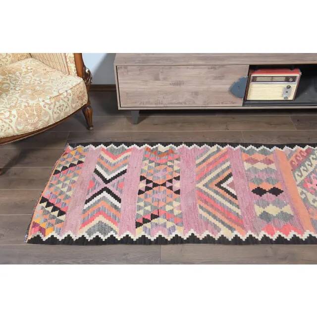1970s Turkish Oushak Handmade Wool Cotton Pink Runner Rug 83x331