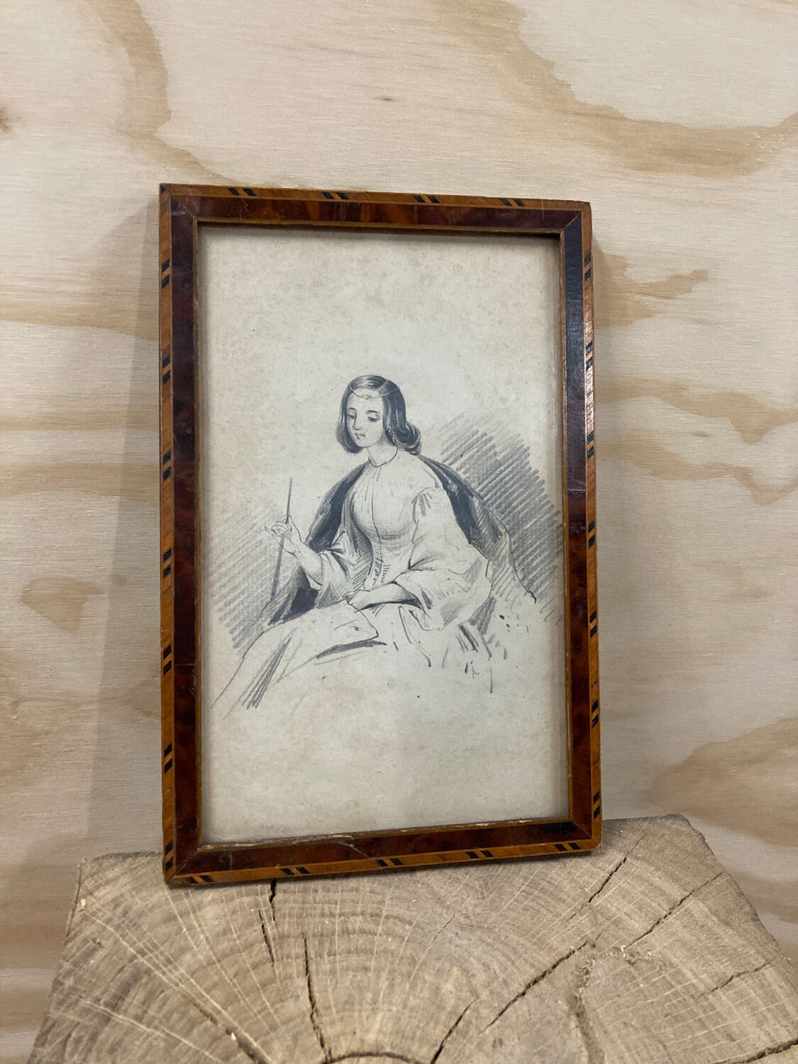 Portrait 19th young woman romantic marquetry frame