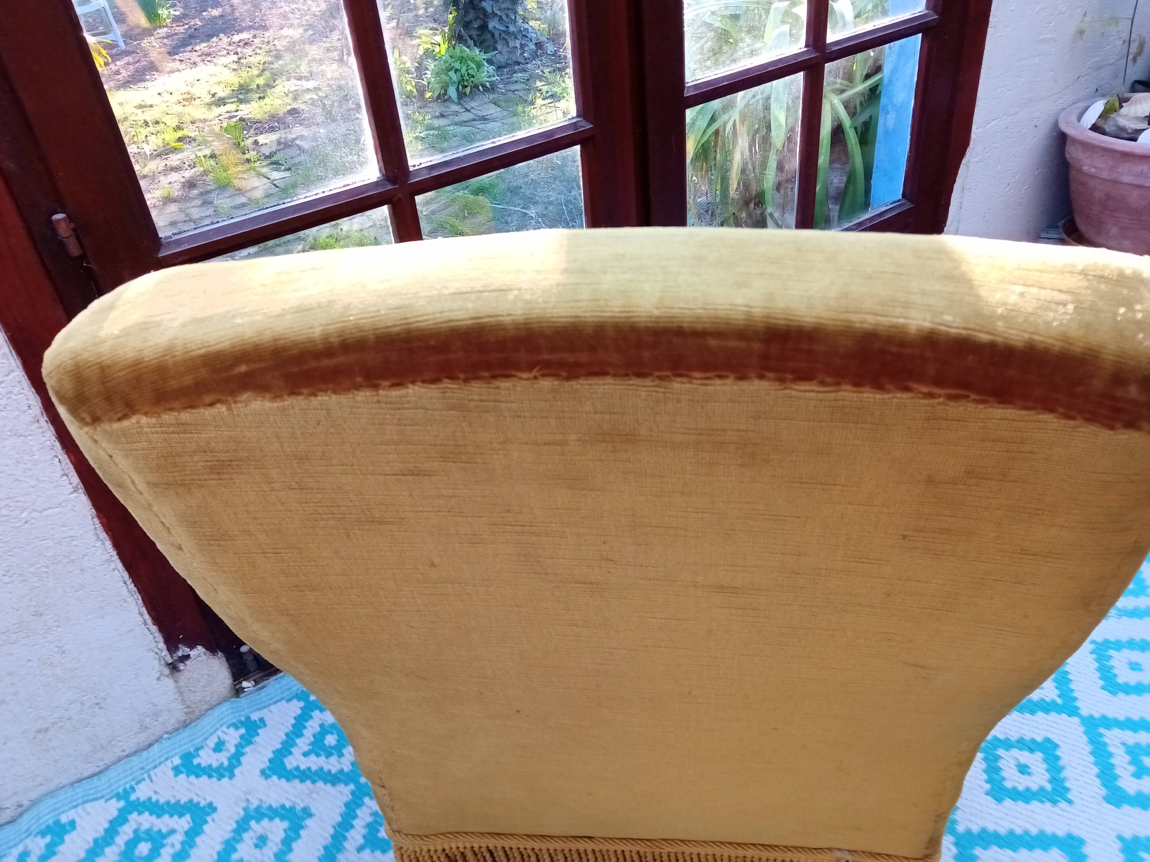 Fauteuil rapaud en velours moutarde