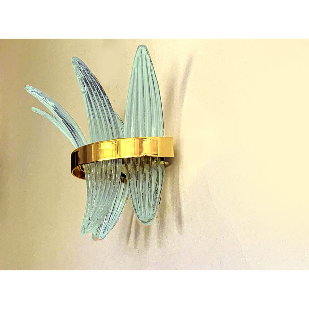 Ligh-blue “palmette” murano glass belt wall sconce